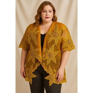 Vintage Ranee Golden Embroidered Sheer Kimono Jacket – Size 14 | Floral Appliqué
